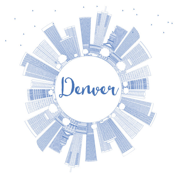 用蓝色建筑和复制空间勾勒丹佛天际线。图片下载