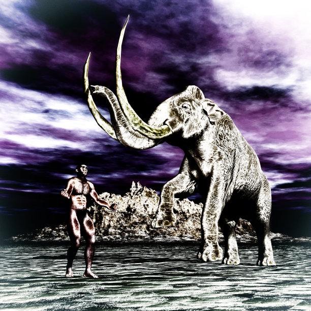 3 d演示;3D渲染猛犸象与史前人类图片下载