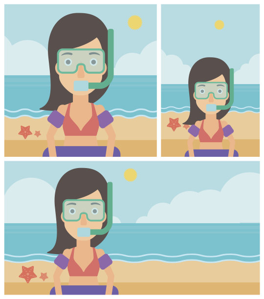 在海滩上带着浮潜设备的女人。图片下载