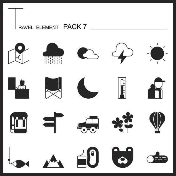 旅行元素图图标设置7。野营薄图标。Mono包。图片下载