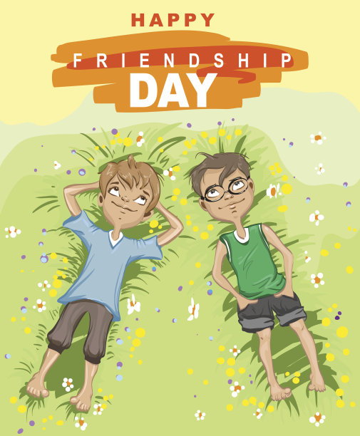 快乐的友谊日。两个男孩躺在绿草地上图片下载