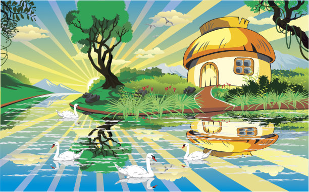 风景-山湖边的小屋。图片下载