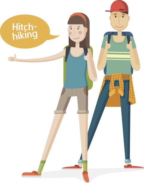 一些搭便车。年轻人背着书包，竖起手指。图片下载