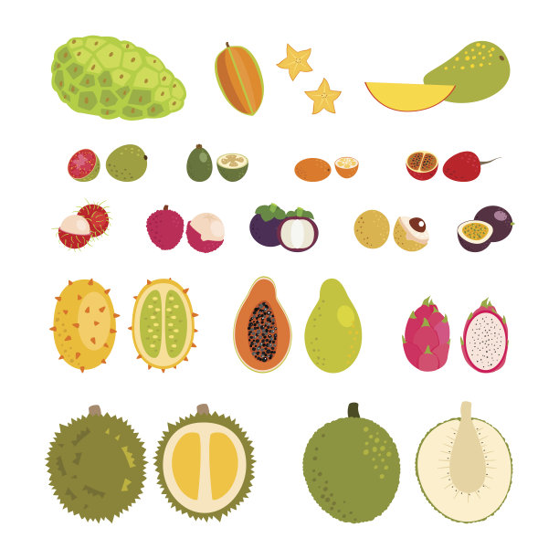 一套扁平卡通矢量插图热带异国水果图片下载