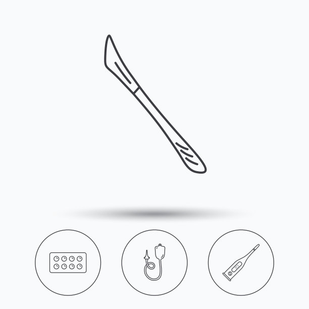 电子温度计，平板电脑和手术刀图标。图片下载