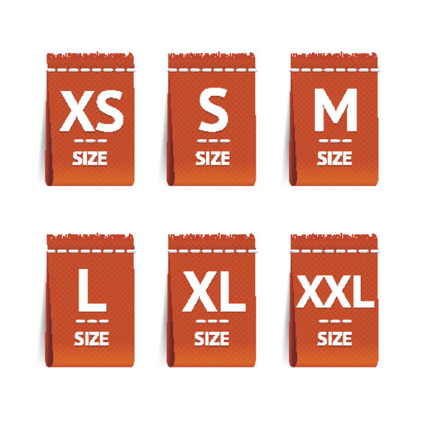 红色尺寸服装标签套装。向量素材图片