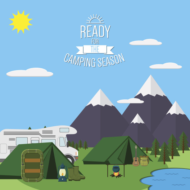 高山露营与森林和湖泊景观平面矢量插图。图片下载