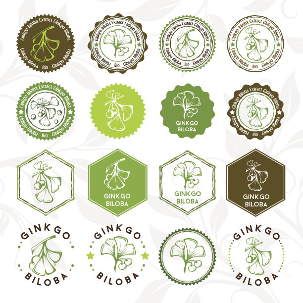 银杏叶。一套圆形及六角形邮票及贴纸。图片下载