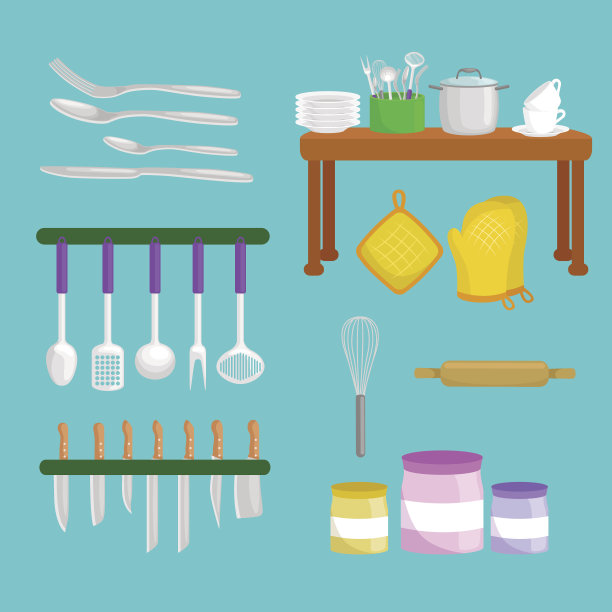 厨具图标向量集。家居卡通厨具收藏图片下载