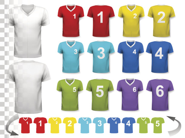 各种彩色足球球衣的收集与数字。的图片下载