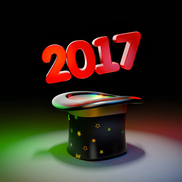 黑色帽子与星星和文本2017。三维演示图片下载