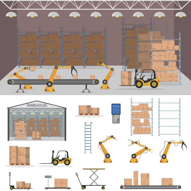 仓库内部仓储向量集，用航运物流概念配送图片下载