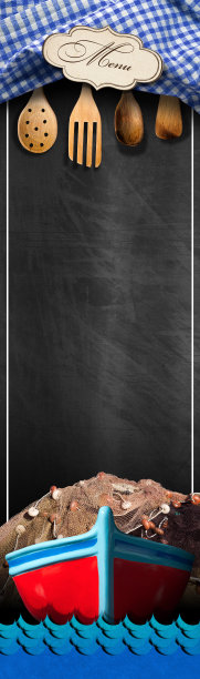 海鲜菜单-黑板上有渔船图片下载