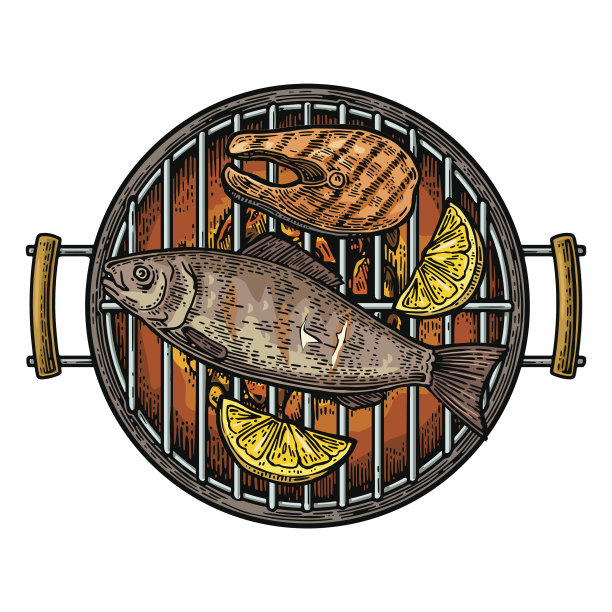 烧烤烧烤顶视图木炭，鱼排和柠檬图片下载