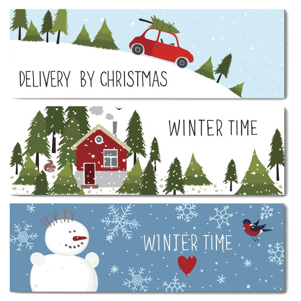 一套三张可爱的冬季卡片模板。图片下载