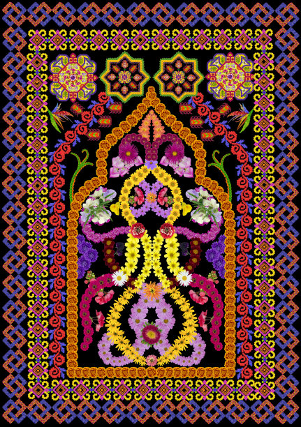 波斯式伊斯兰祈祷地毯。抽象的手工拼贴从夏天的花在黑色的背景图片下载