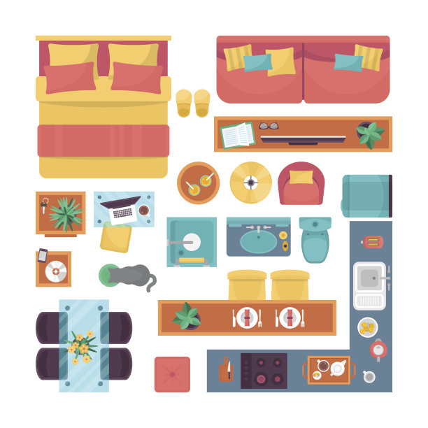 家具俯视图设置室内设计。孤立的向量图片下载