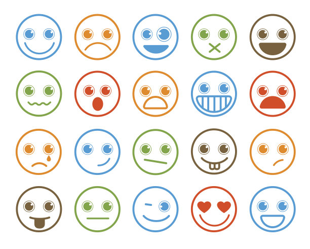 扁平线条圆形按钮中的笑脸表情矢量图标集图片下载