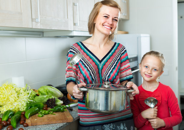 小女孩和妈妈在厨房里图片下载