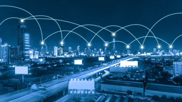 蓝色基调的城市景观和网络连接概念图片下载