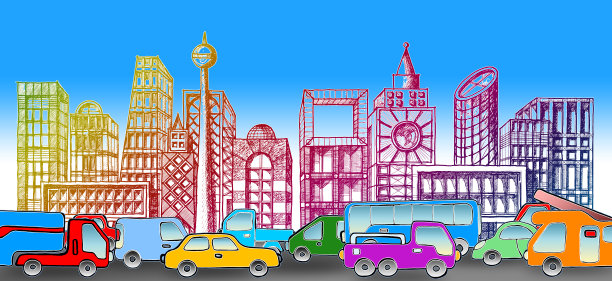 现代城市的彩色天际线-用铅笔手绘的素描素材图片