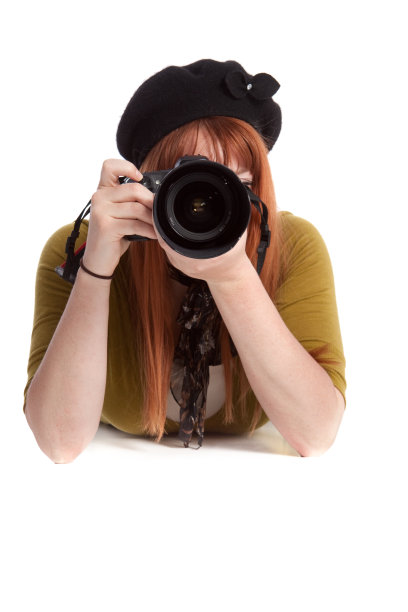 女性摄影师与相机孤立在白色图片下载