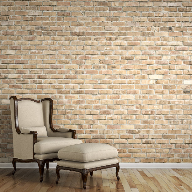 空荡荡的客厅，经典的椅子后面是砖墙图片下载