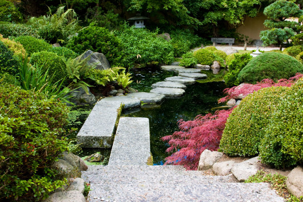 踏石小径沿着一个宁静的池塘在日本花园图片下载