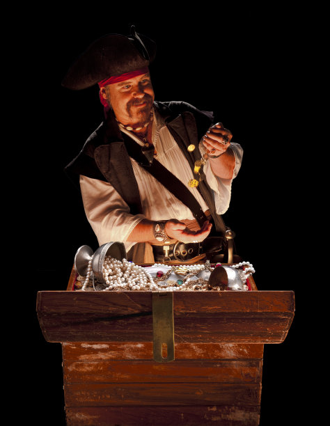 海盗和宝箱在黑色背景。图片下载