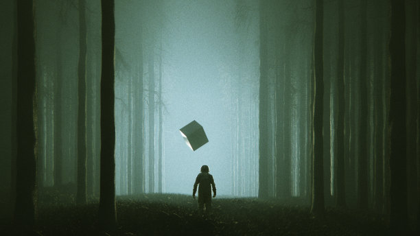 有宇航员和外星人方块的神秘森林图片下载