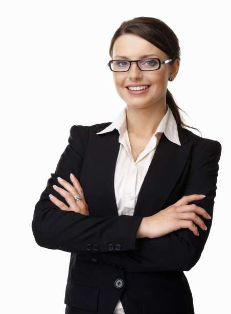 在白色背景下双臂交叉的快乐女商人图片下载