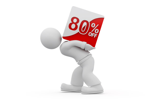 3D的人拿着80%的折扣标志。图片下载