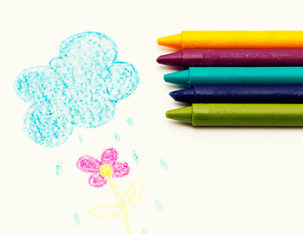 幼儿园蜡笔画雨云浇粉红花图片下载