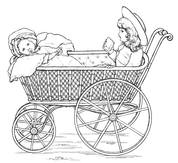 两个维多利亚时代的孩子在婴儿车里(雕刻)图片下载