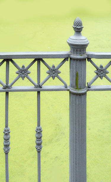 在浮萍的背景下，老式铸铁桥栏杆图片下载