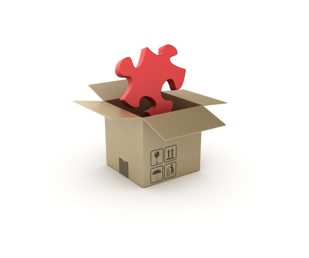 拼图块和打开纸板箱- 3D渲染图片下载