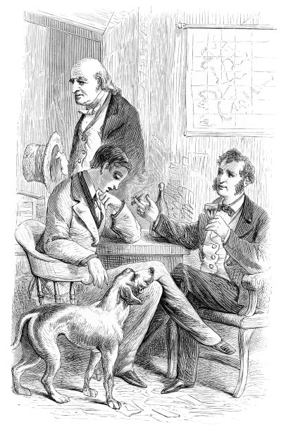 三个维多利亚时代的男人和狗在一张桌子上图片下载