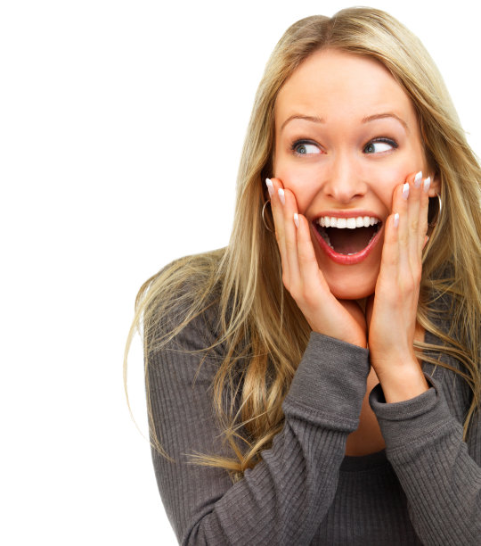 一个年轻女子的特写在白色的背景下看着惊讶图片下载