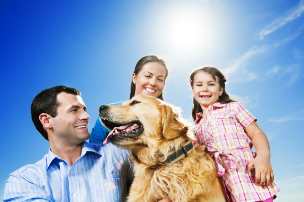 快乐的家庭和他们的狗在公园里图片下载