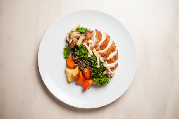 美味的烤鸡和蘑菇菜肴图片下载