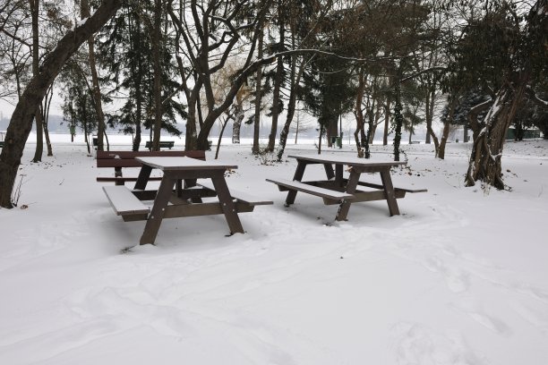 公园里白雪覆盖的野餐桌图片下载