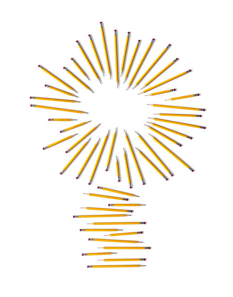 黄色的铅笔在白纸上形成灯泡的形状图片下载