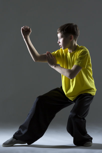 年轻的男孩在功夫的战斗位置图片下载