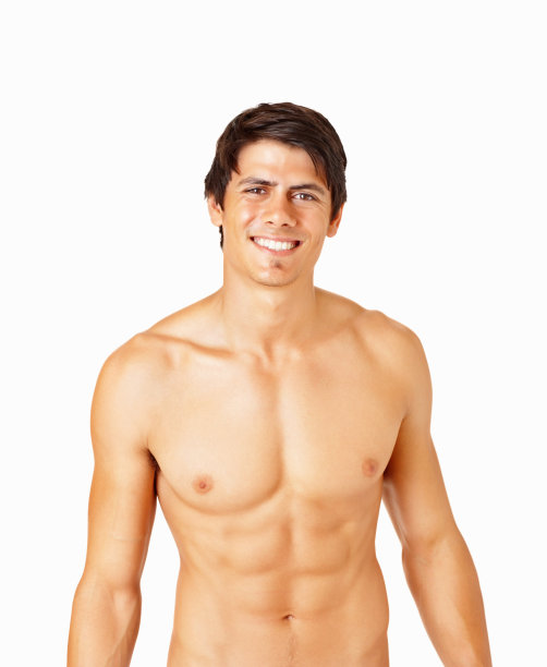 热肌肉男子微笑孤立的白色图片下载