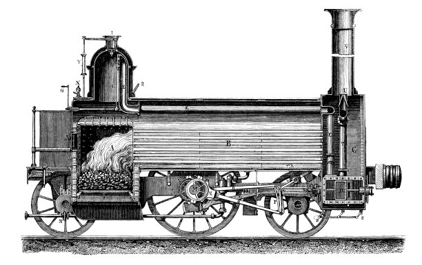 蒸汽动力机车的古董插图图片下载