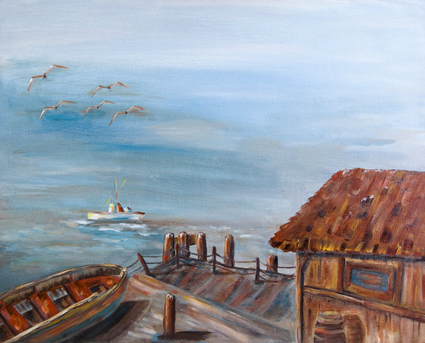 海边的船和船屋的原画。图片下载