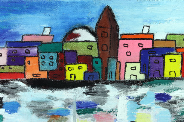 沿河的五颜六色的城市房屋:蛋彩画图片下载