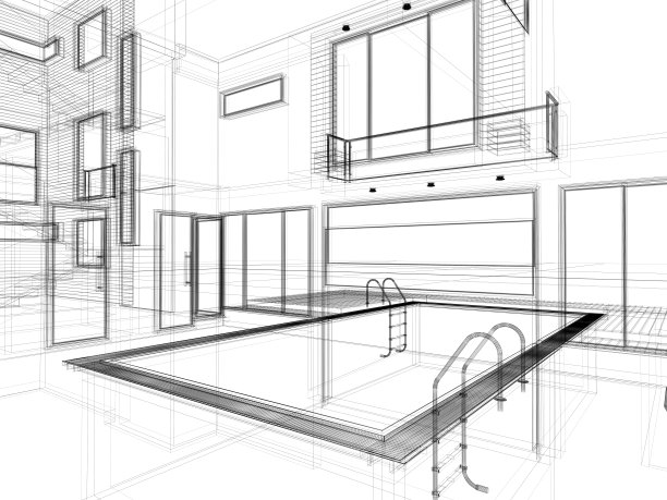 三维现代室内与游泳池在线框布局图片下载
