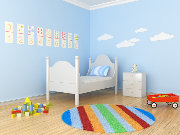 天蓝色墙壁的孩子房间的照片图片下载