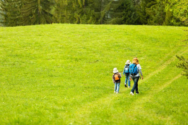 母亲和儿子们沿着田野走着图片下载